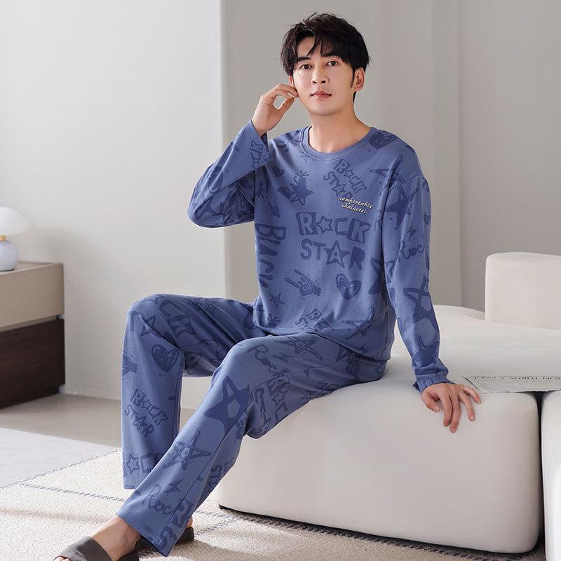 Pajamas Men'S Spring And Autumn Cotton Long Sleeve Crew Neck Casual Blue Autumn Loungewear Large Size Set