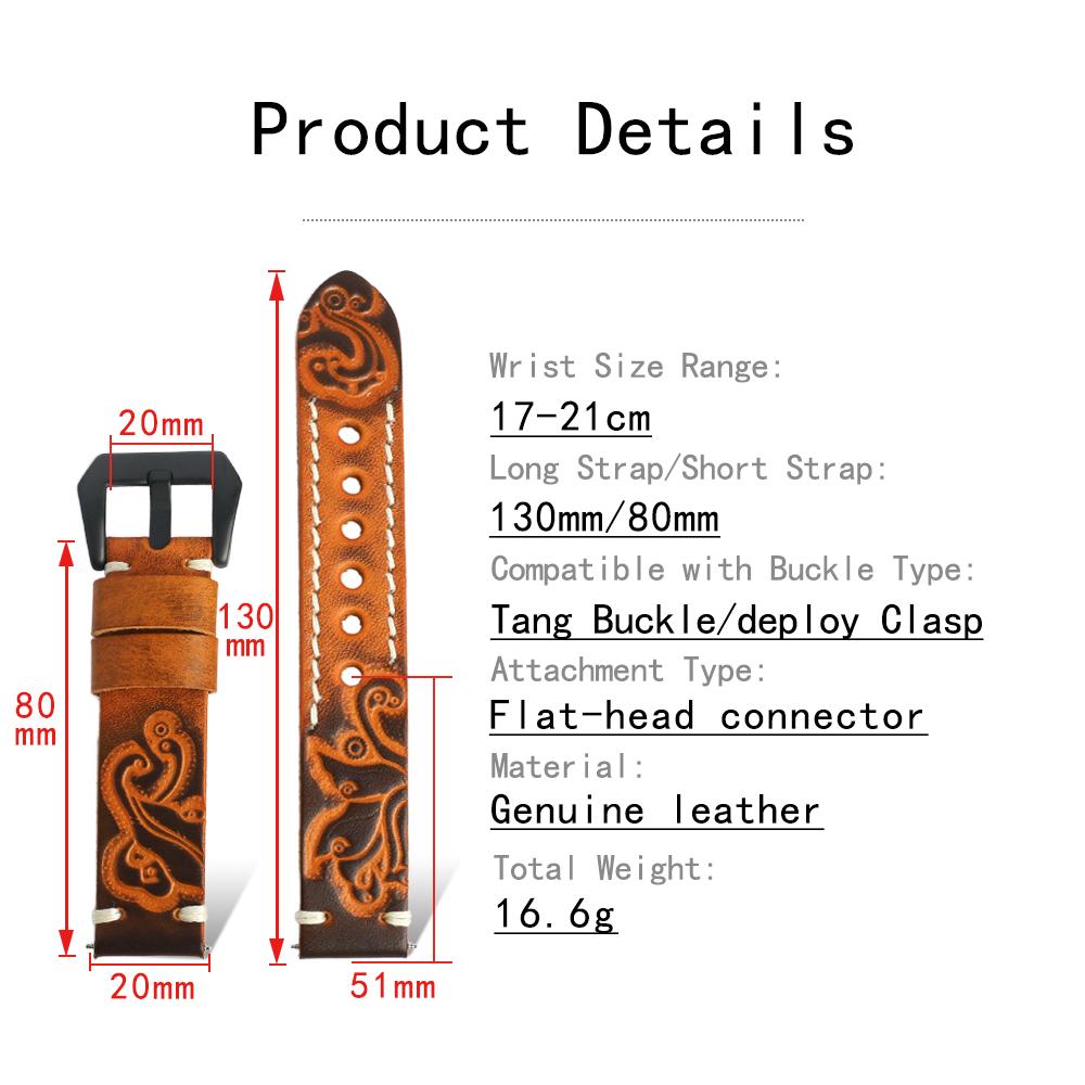 Vintage Carved Embossed Genuine Leather Watch Strap 20mm 22mm 24mm Handmade Stitched Watch Band Black Buckle for Watch Accessory