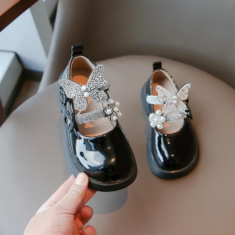 Sweet Princess Kids Leather Shoes Butterfly Rhinestones Cute Round-toe Children Fashion Girls Loafers Versatile Soft Breatheable