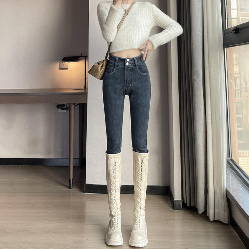 

Versatile high-waisted double-buckle small-footed jeans for women, autumn and winter, small high-waisted personality, tight-fitting pencil jeans 32