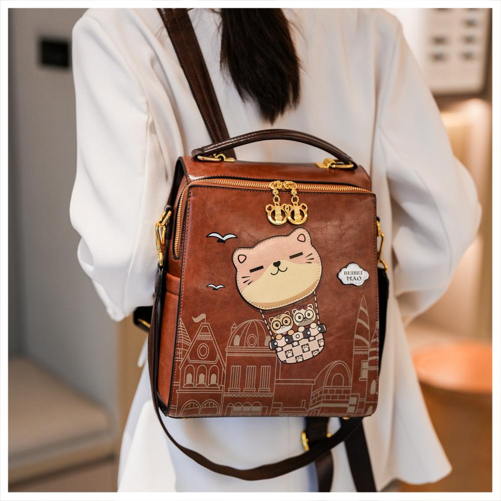 2026 New Premium Sense PU Women's Backpacks Versatile Casual Simple Large Capacity Lady Single Shoulder Bag Cute Cartoon Bear Outdoor Travel Rucksacks