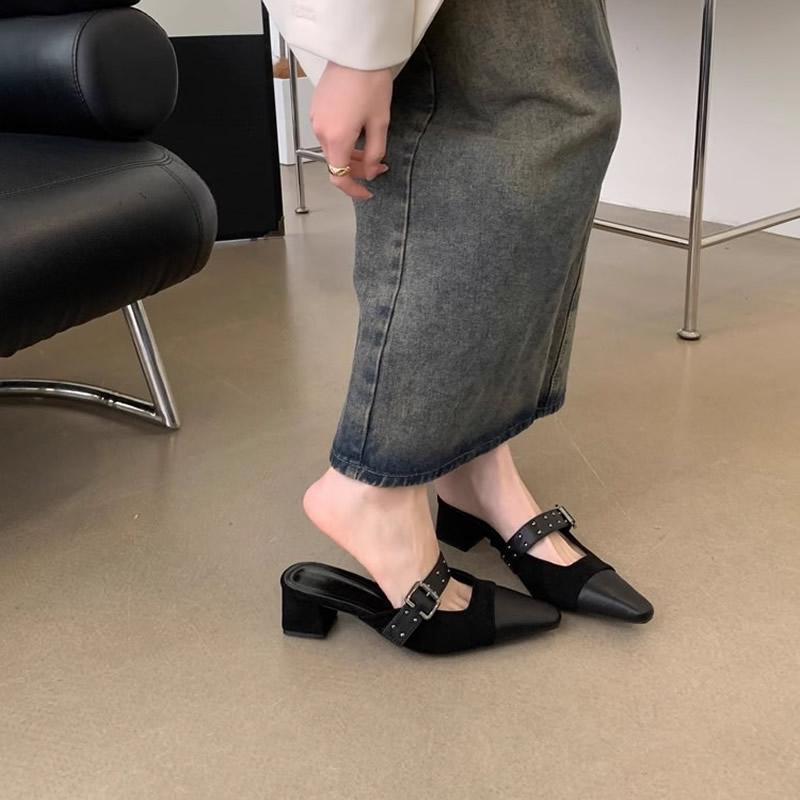 

Brown/Black Womens Slippers with Middle Heel Close Toes Belt Buckle Non Slip Versatile Shoes Summer Outdoor PU Fashion Slippers 39 чорний