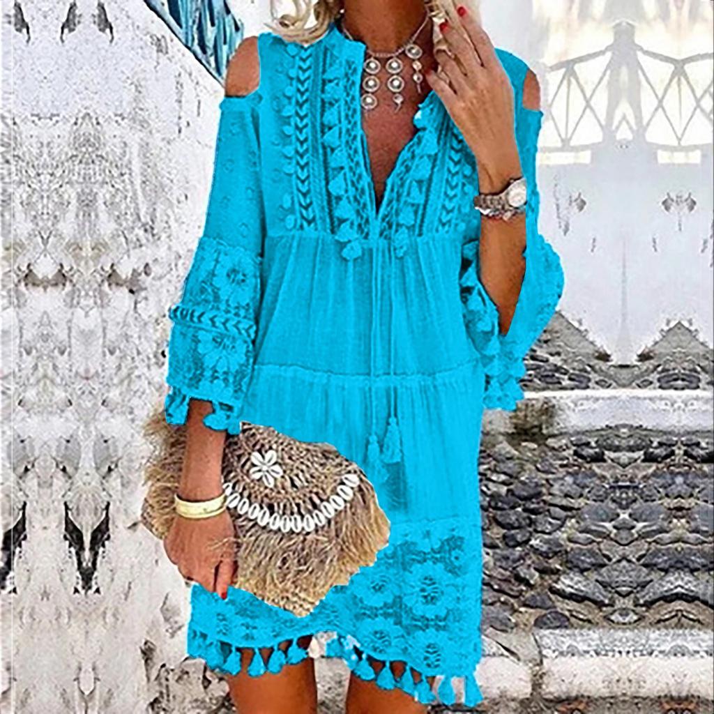 Women Fashion Three-quarter Sleeve Boho Dress Lace Tassel V-neck Dress