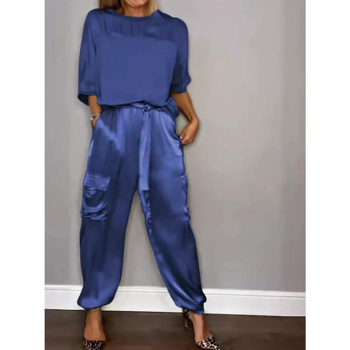 

Модний жіночий гладкий атласний костюм-двійка з верхом з напіврукавами 5XL синій