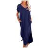 Casual Women's Loose Swing Long Dress V-neck Short-sleeve Solid Color Side Slit Summer Fashion
