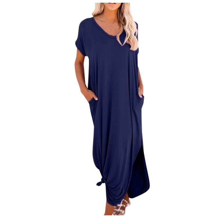 Casual Women's Loose Swing Long Dress V-neck Short-sleeve Solid Color Side Slit Summer Fashion