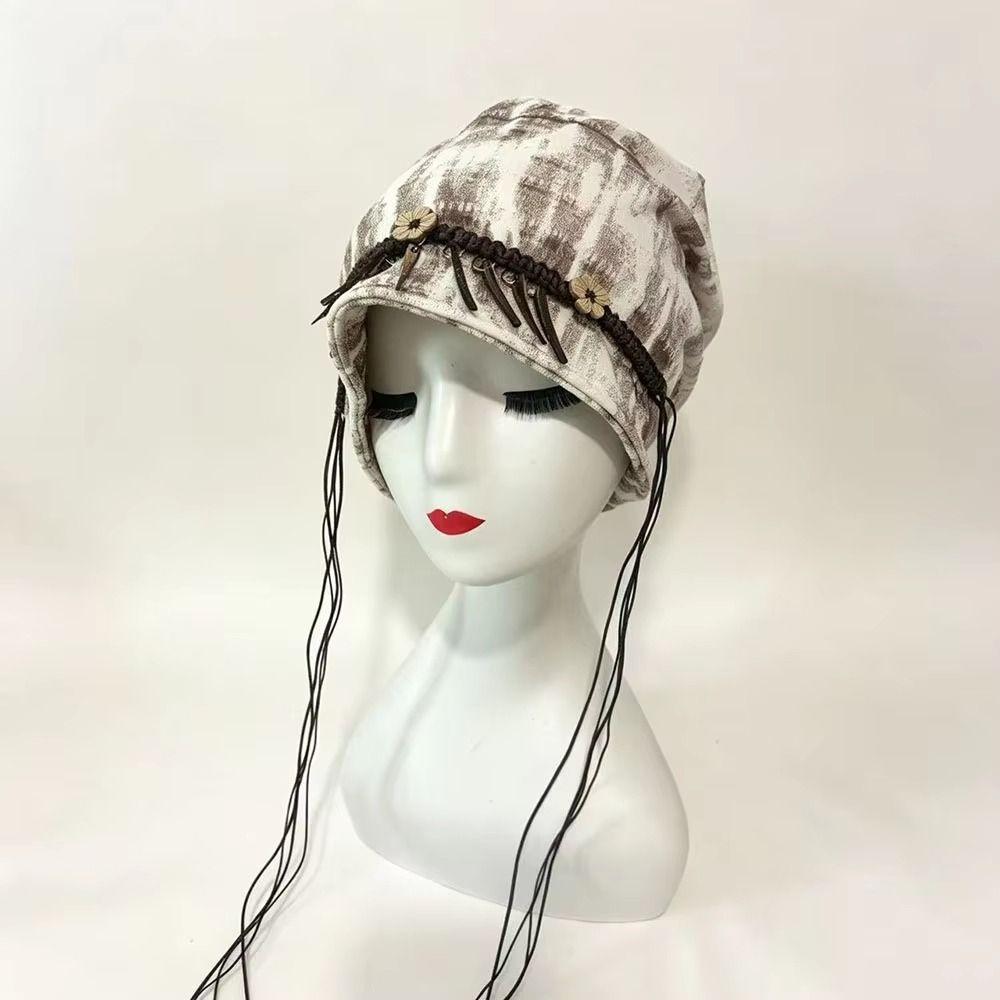 Wood Decoration Ethnic Stye Beanie Tassel Windproof Head Wrap Vintage Vintage Pullover Hat Girls