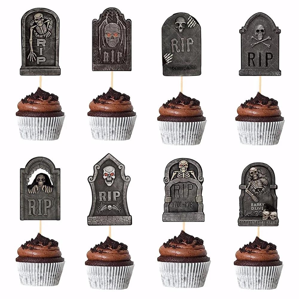8pcs Festival Halloween Tombstone Cupcake Toppers Paper Tombstone Cake Insert Card  Ghost Festival