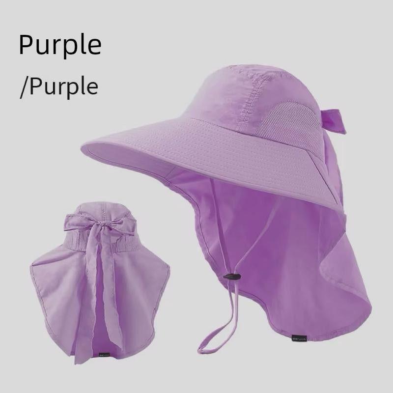 

Летняя шляпа от солнца Женская шляпа от солнца Уличная шляпа-ведро Дышащая с отверстием для капюшона Походная шляпа для хвостика Защита шеи PF027 purple [can tie horsetail Butterfly strap]]