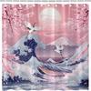 Japanese Ocean Shower Curtain Pink Cherry Blossom Flower Fuji Mountain Great Wave White Crane Sun Traditional Asian Oriental