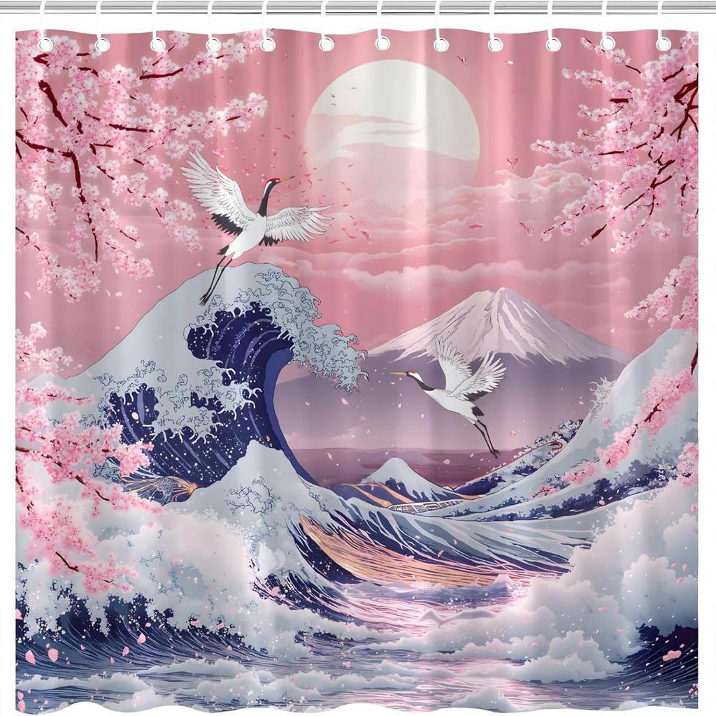 Japanese Ocean Shower Curtain Pink Cherry Blossom Flower Fuji Mountain Great Wave White Crane Sun Traditional Asian Oriental
