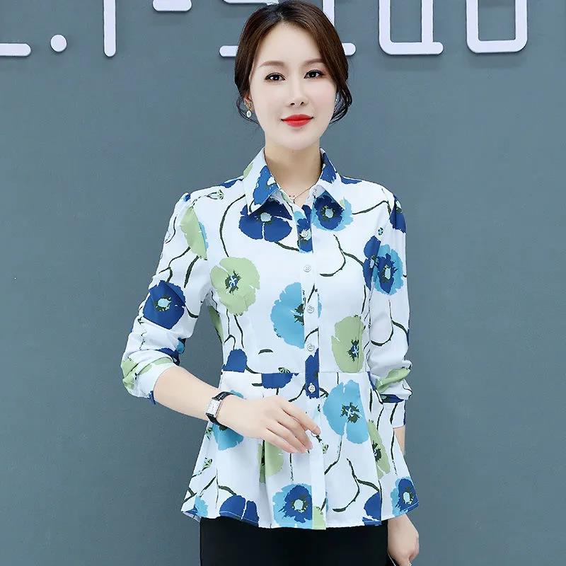 Summer Button Shirt Pleated Edge Chiffon Shirt Casual Printing T-shirt Thin Shirt for Middle-aged and Elderly Women