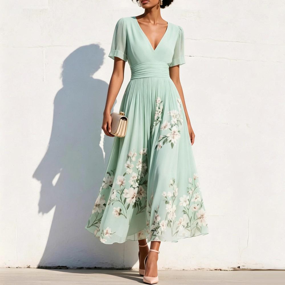 Women's V-Neck Floral Long Sleeve Pleated Dress 2026