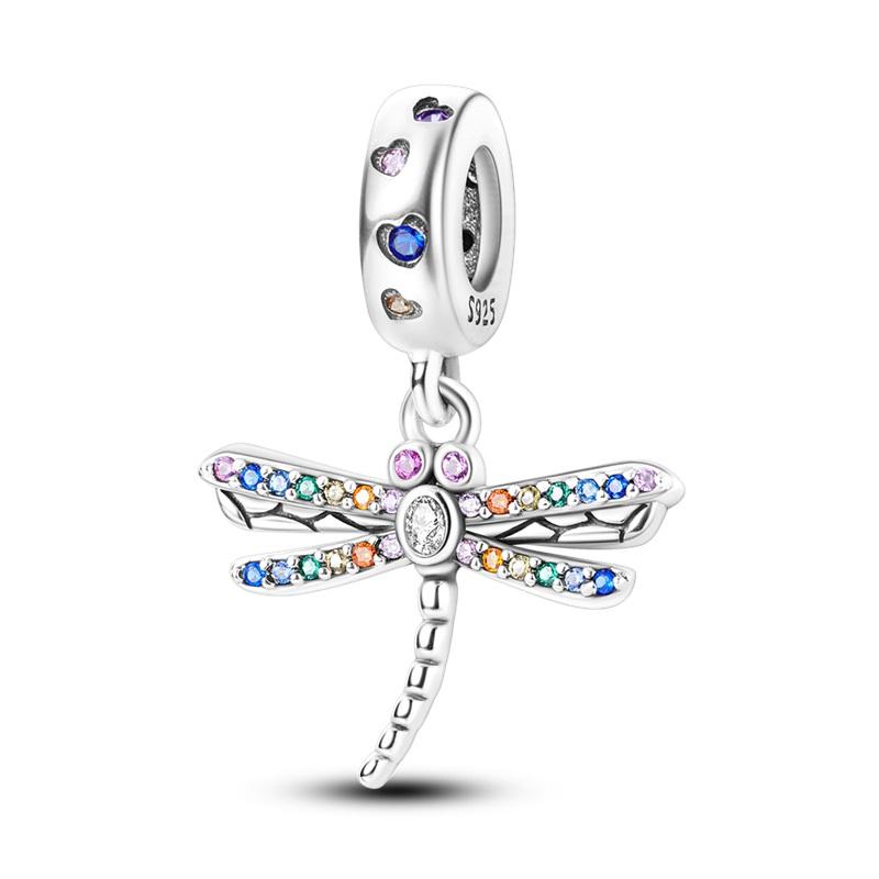 100% 925 Silver Exquisite Colored Dragonfly Charms Pendants Sparkling Zircon Fit Qikaola Original Bracelets DIY Jewelry