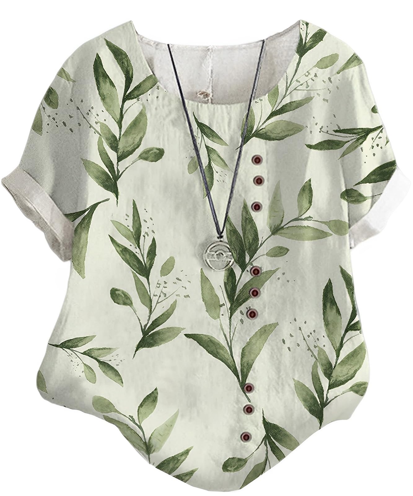 

Second Roots Botanical Blouse with Floral and Leaf Short Decorative Summer Short Sleeve Loose Cut and Size Print, Sleeves, Buttons, Undershirt, Top, зелёный
