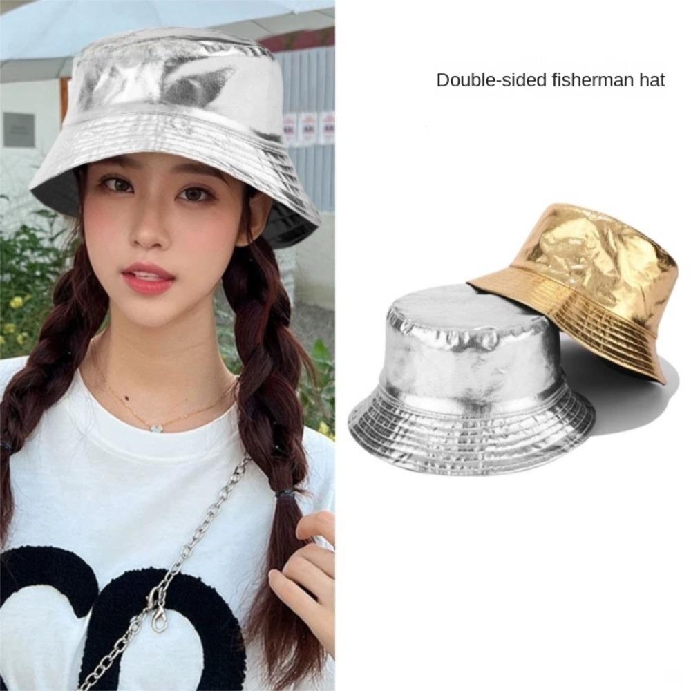 

Solid Color Sun Hat Reversible Bucket Cap Simple Fisherman Hat Men срібний