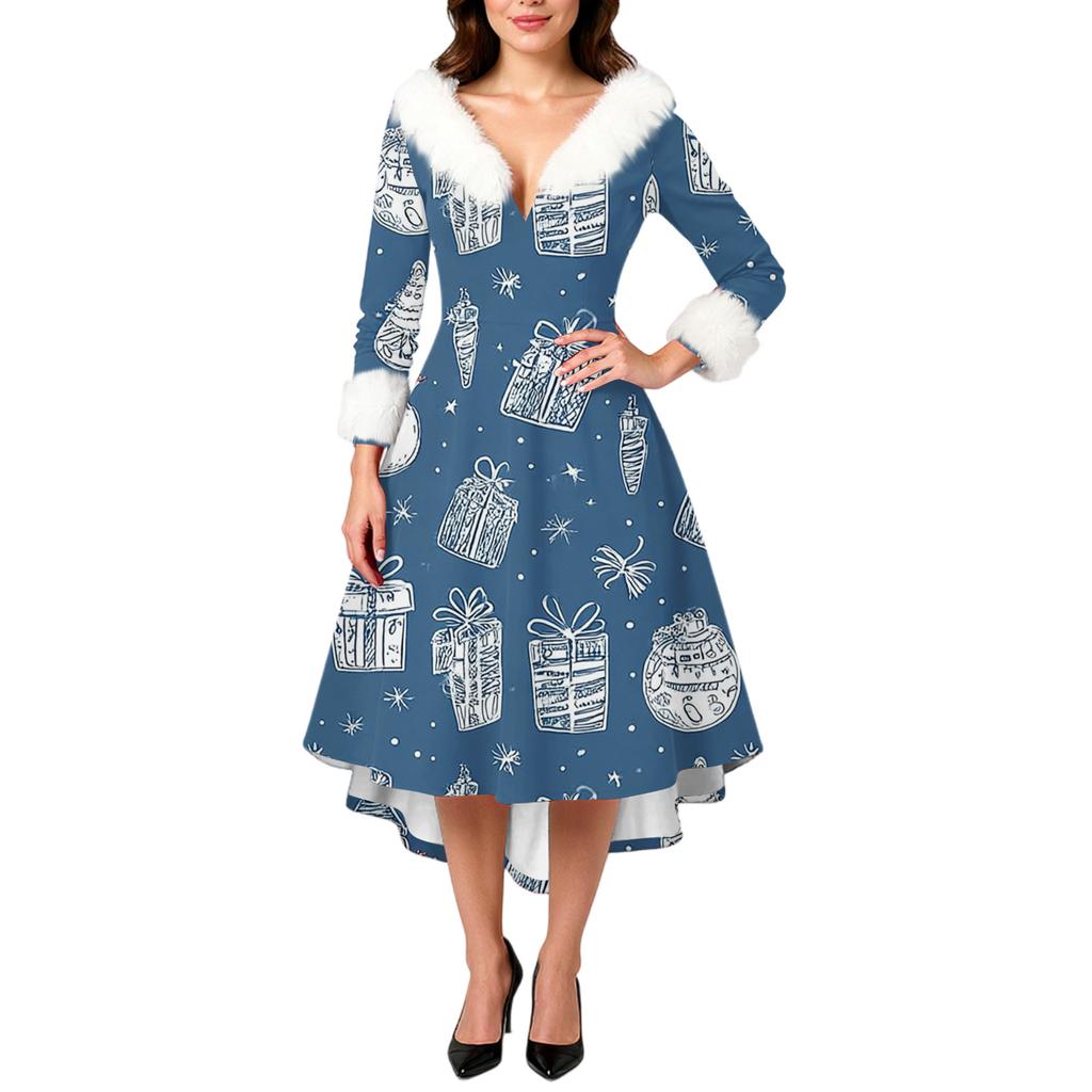 Women's Fashion Elegant Autun And Winter Long Sleeve V-Neck Christmas Print Dress