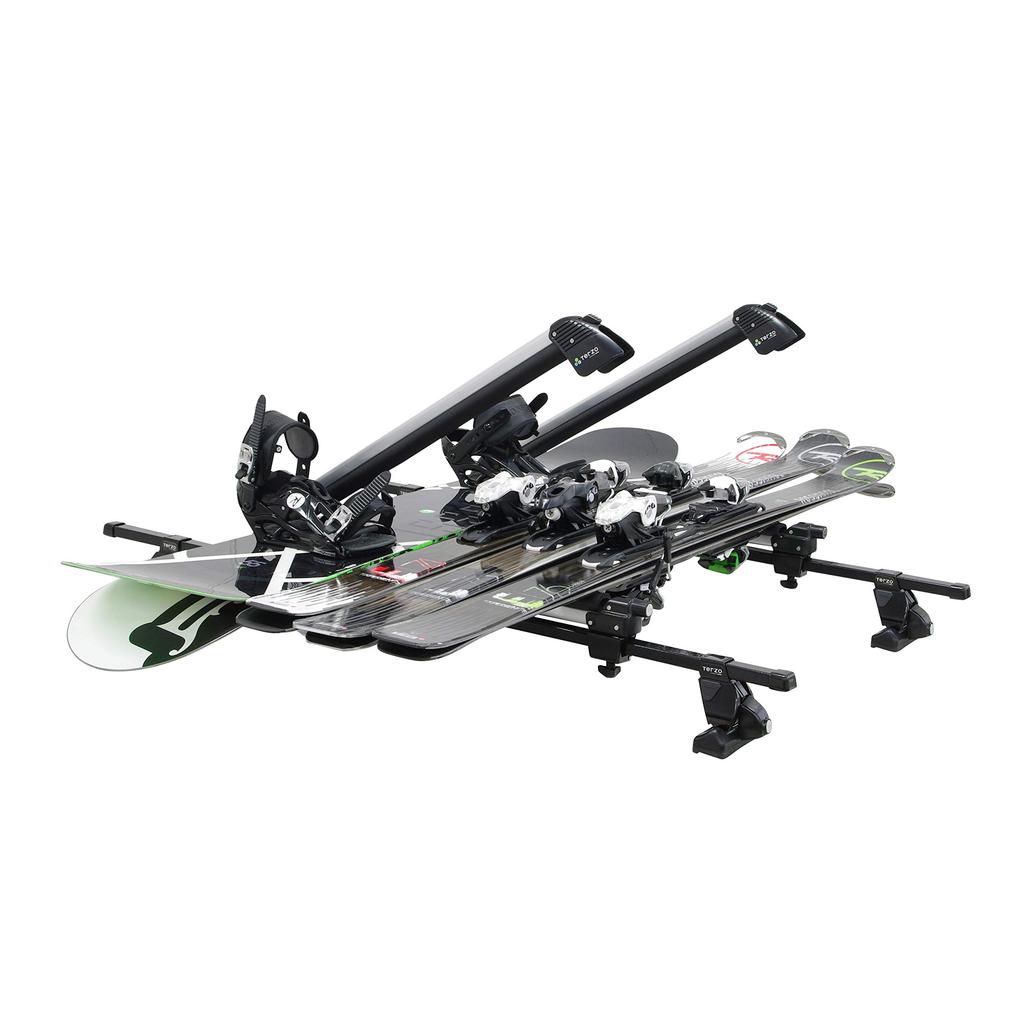 Terzo (by PIAA) Ski/Snowboard Carrier, Holds 4 Snowboards or 6 Skis, Flat Long, Slit, Metal Silver, One-Side Opening, with Lock, ES139SL