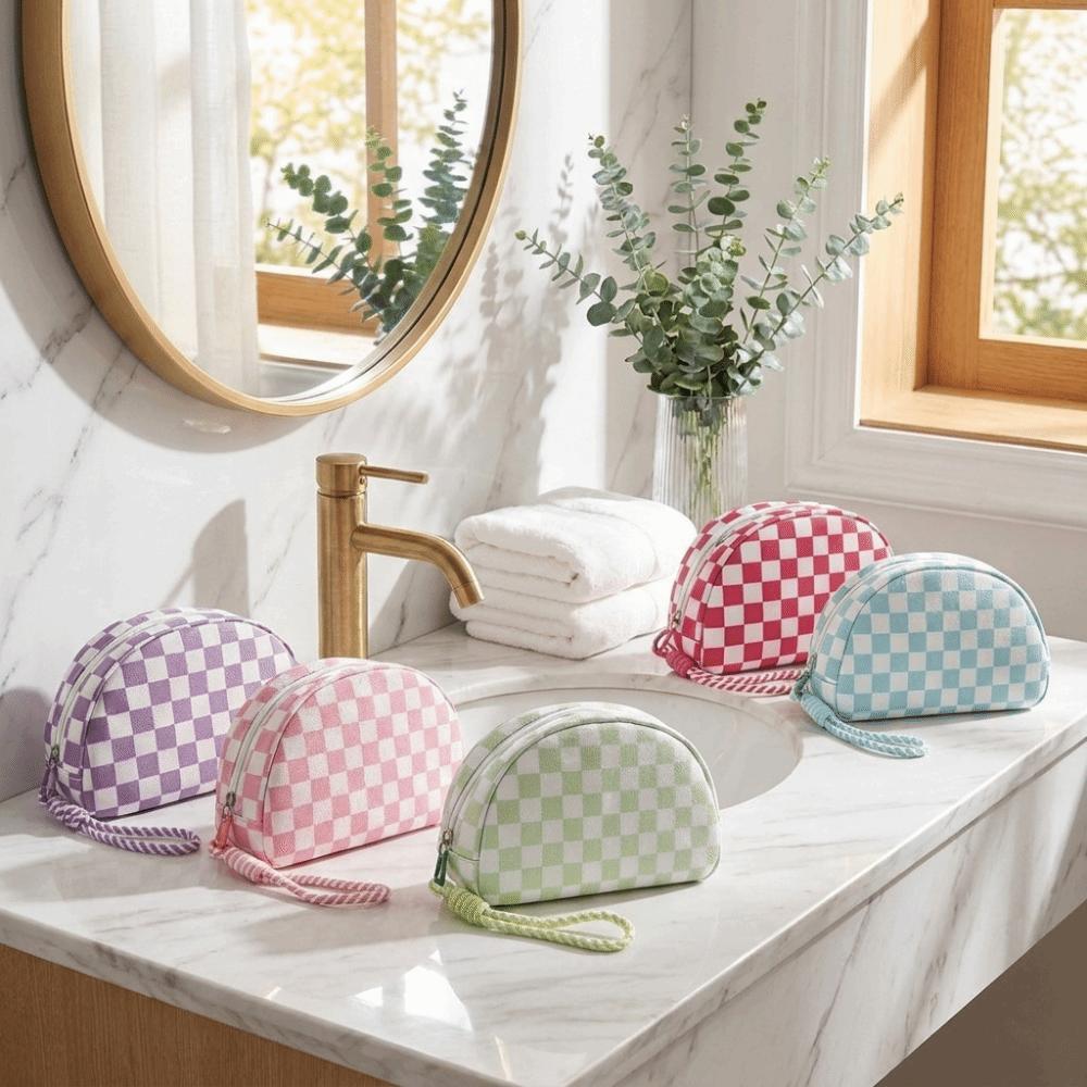 with Hand Strap Checkered Pattern Cosmetic Bag Waterproof Toiletry Bag Makeup Organizer Travel