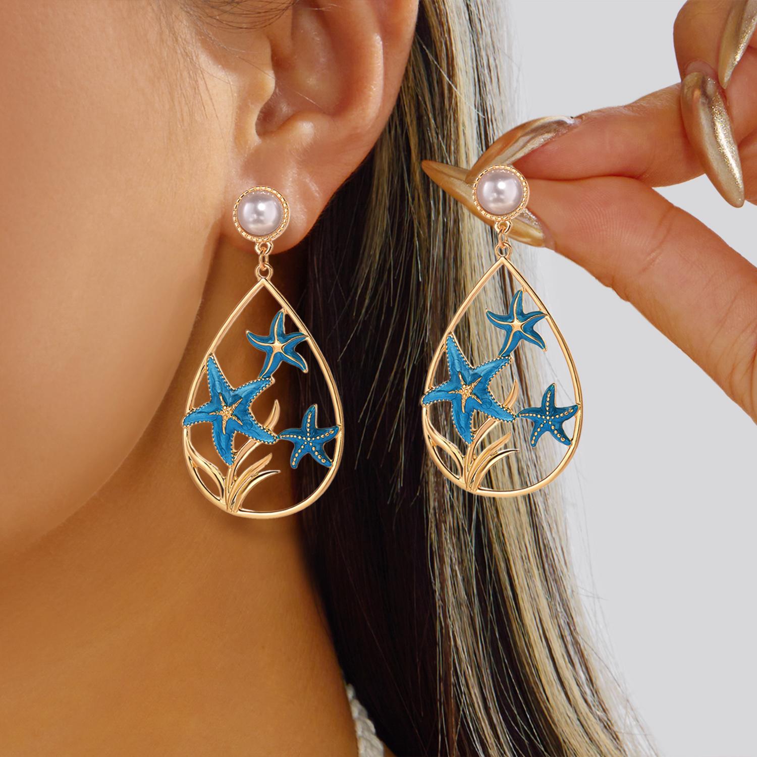 

Elegant Blue Enamel Starfish Teardrop Earrings for Women Cutout Imitation Pearl Drop Lightweight Summer Festival Jewelry Gift