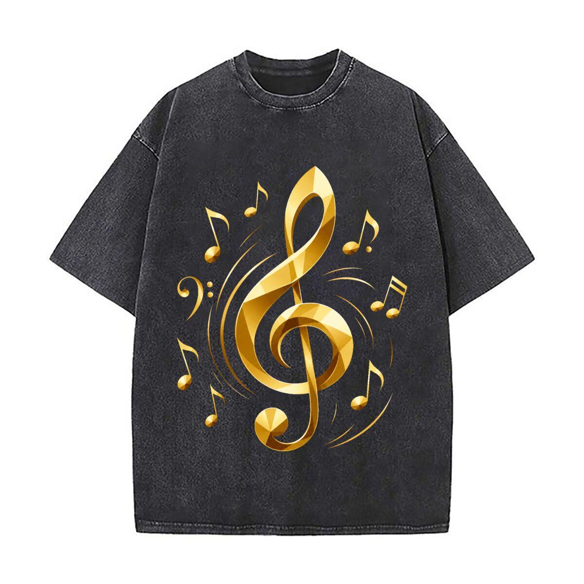 Luxury Golden Music Symbol Emblem Vintage Distressed Washed Cotton Short Sleeve Streetwear Outfit S