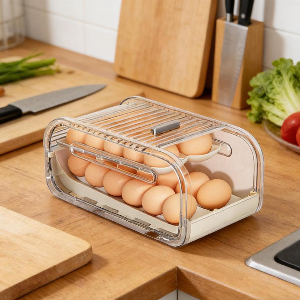 2-stufige Schiebedeckel-Automatische Roll-Eierablage Transparente Kühlschrank-Schieb-Eierbox Eierhalter Kühlschrank-Organizer