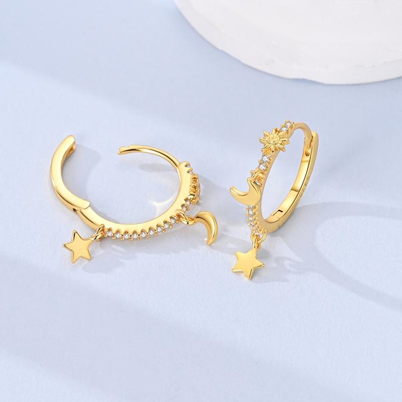 Original 925 Sterling Silver Gold Sun Star Moon Pendant Zircon Hoop Earrings For Women Wedding Party Jewelry Gift
