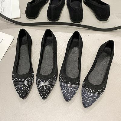 Fashion Fashion Point Toe Rhinestone Ballet Flats Woman Breathable Knitted Shallow Loafers Ladies Concise Slip-on Walking Shoes