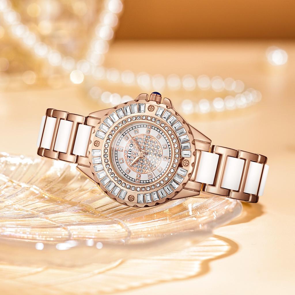 Imitation Ceramic Quartz Watch for Women Minimalist Rhinestone Dial Wristwatch