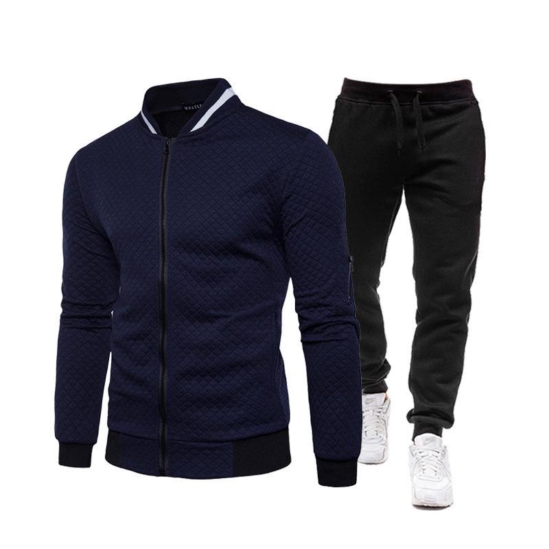 Men's Casual Plaid Stand-Up Collar Zipper Sweatshirt Jacket - Solid Color Set for Spring & Autumn
