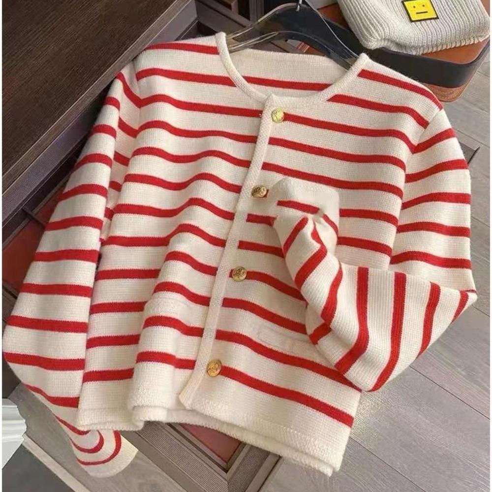 Pulovere de primăvară toamnă pentru femei cardigan tricotat cu dungi cu decolteu în formă de mânecă lungă casual Topuri scurte stil coreean nou 2024