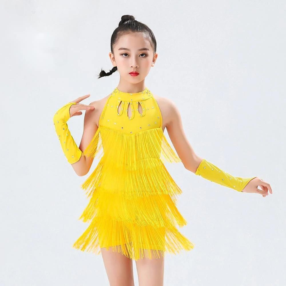 

Kids Latin Dance Costume Sequin Fringe Dress for Girls - Professional Salsa Bachata Ballroom Tango Competition Wear 110 жёлтый