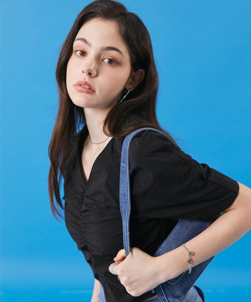 KOLEAT Women Summer Cooling Shirred V-Neck Short Sleeve Tee [Blouse Ver] Black