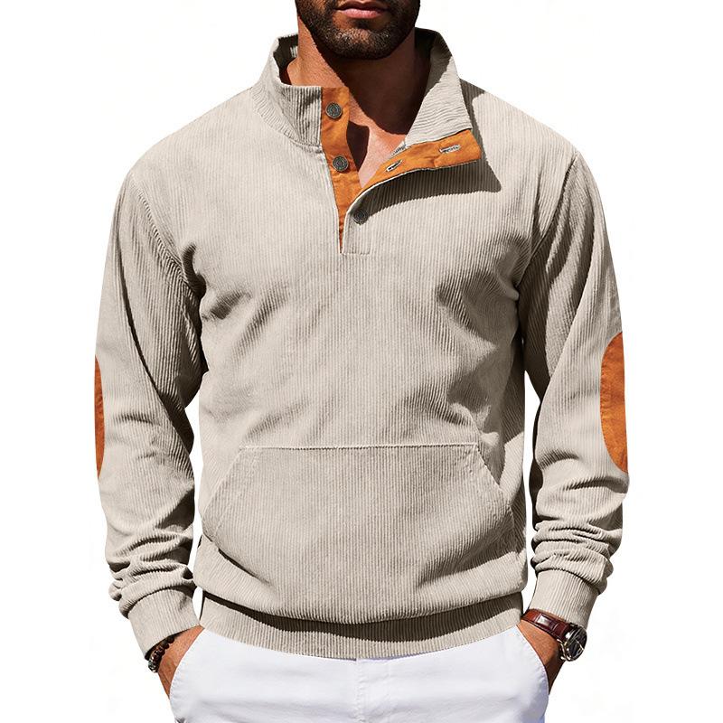 Mens Gray Corduroy Quarter Zip Elbow Patch Long Sleeve Sweatshirt