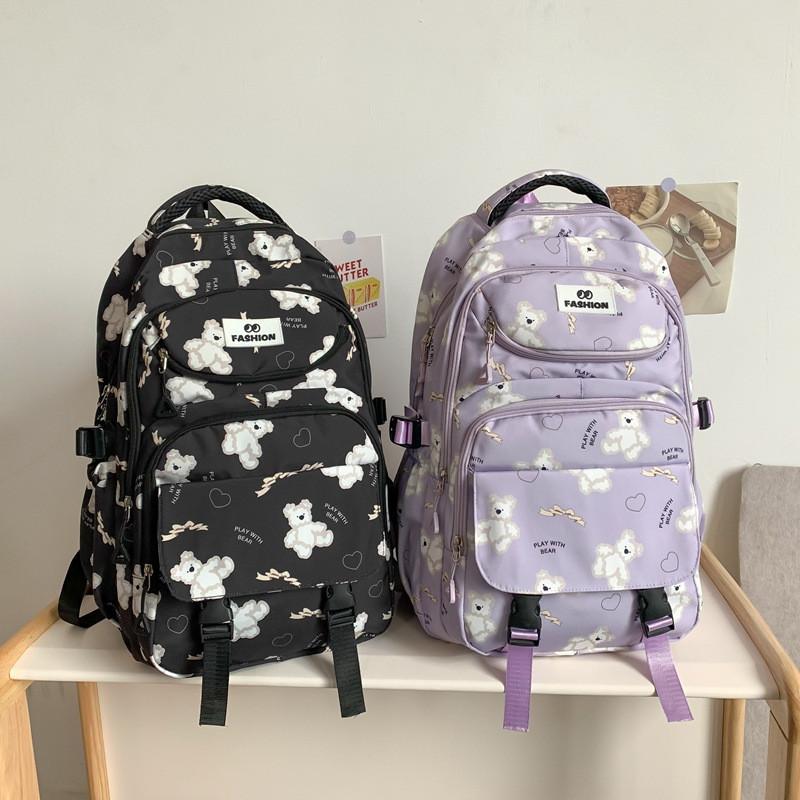Trendy Black And Pink Casual Backpack For School Travel With Bear Print Design