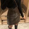 Temperament Autumn Women Solid Button Zipper Asymmetrical High Waist Fashion Slim Pu Leather Short A-line Hip Wrap Skirt