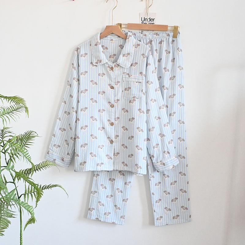 100% Cotton Gauze Pajamas Set Women Thin Breathable Long Sleeve Pants Loungewear