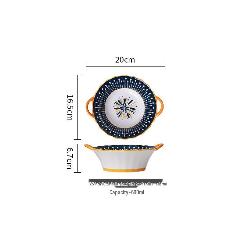 Ailan Huijia MY Retro Nordic Ceramic Dining Bowls 7.5-inch Italian-Style Double Handle Bowl