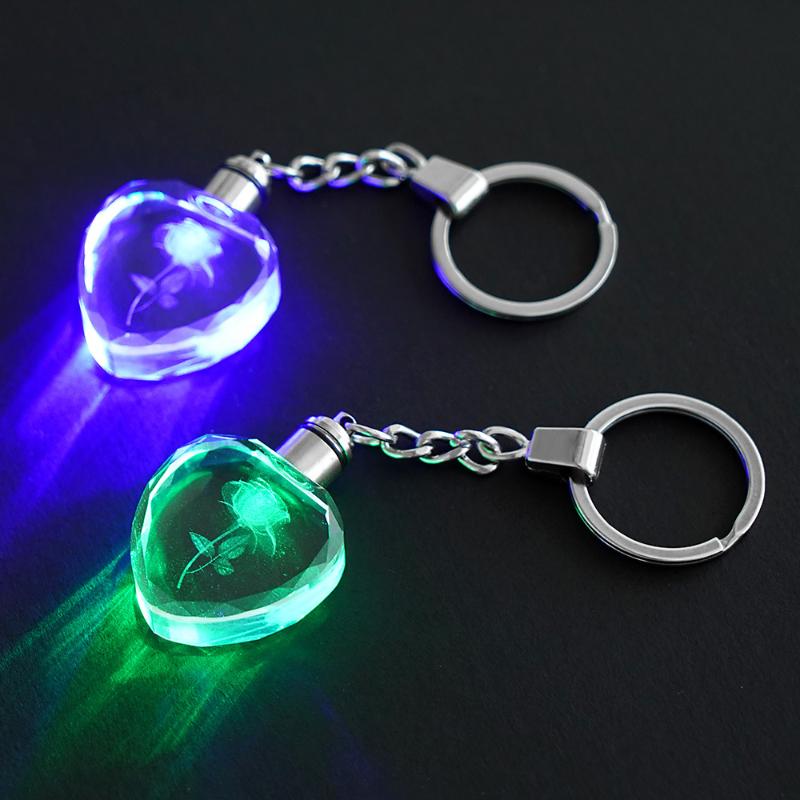 Fashion Colorful Fairy Rose Flower Pattern Love Shape Crystal Rhinestone Led Light Keychain Lover Key Chain Keyring Jewelry