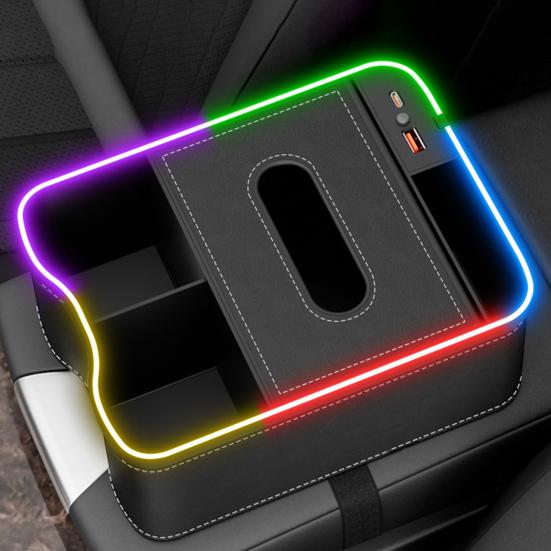 Scatola portaoggetti per bracciolo auto con porte di ricarica, luci LED multi-modalità, design ad alta capacità, organizer per console auto, custodia porta fazzoletti