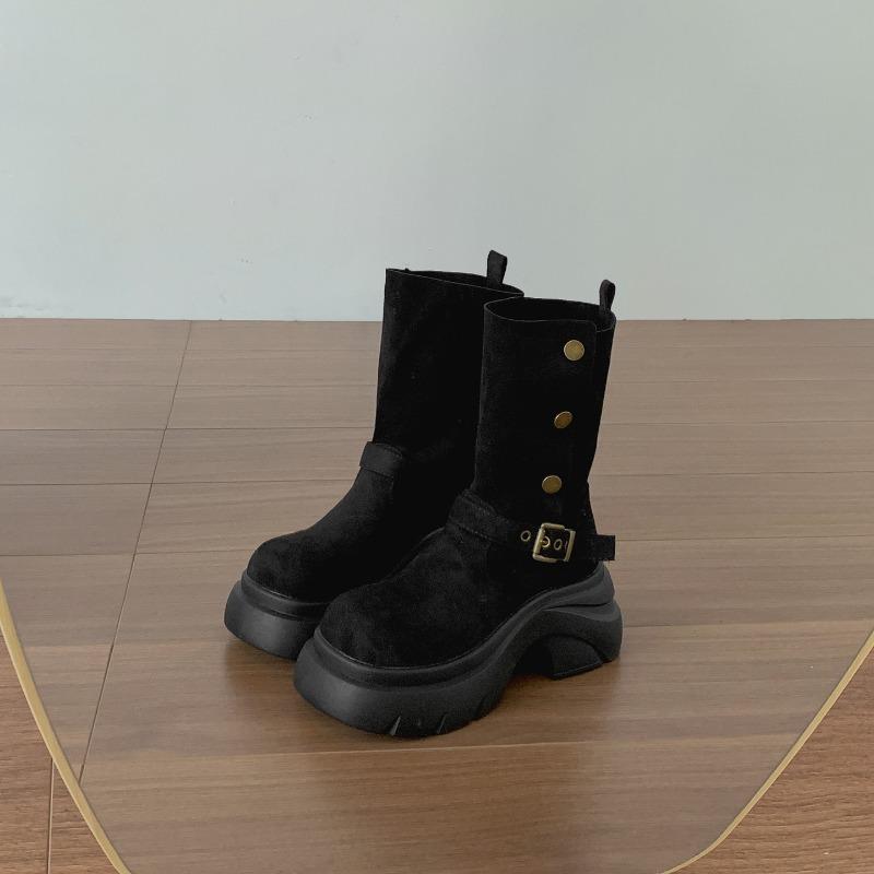 Vintage Platform Thick Heels Women Ankle Boots Punk Style Belt Buckle Knight Short Botas Autumn Winter Women's Shoes