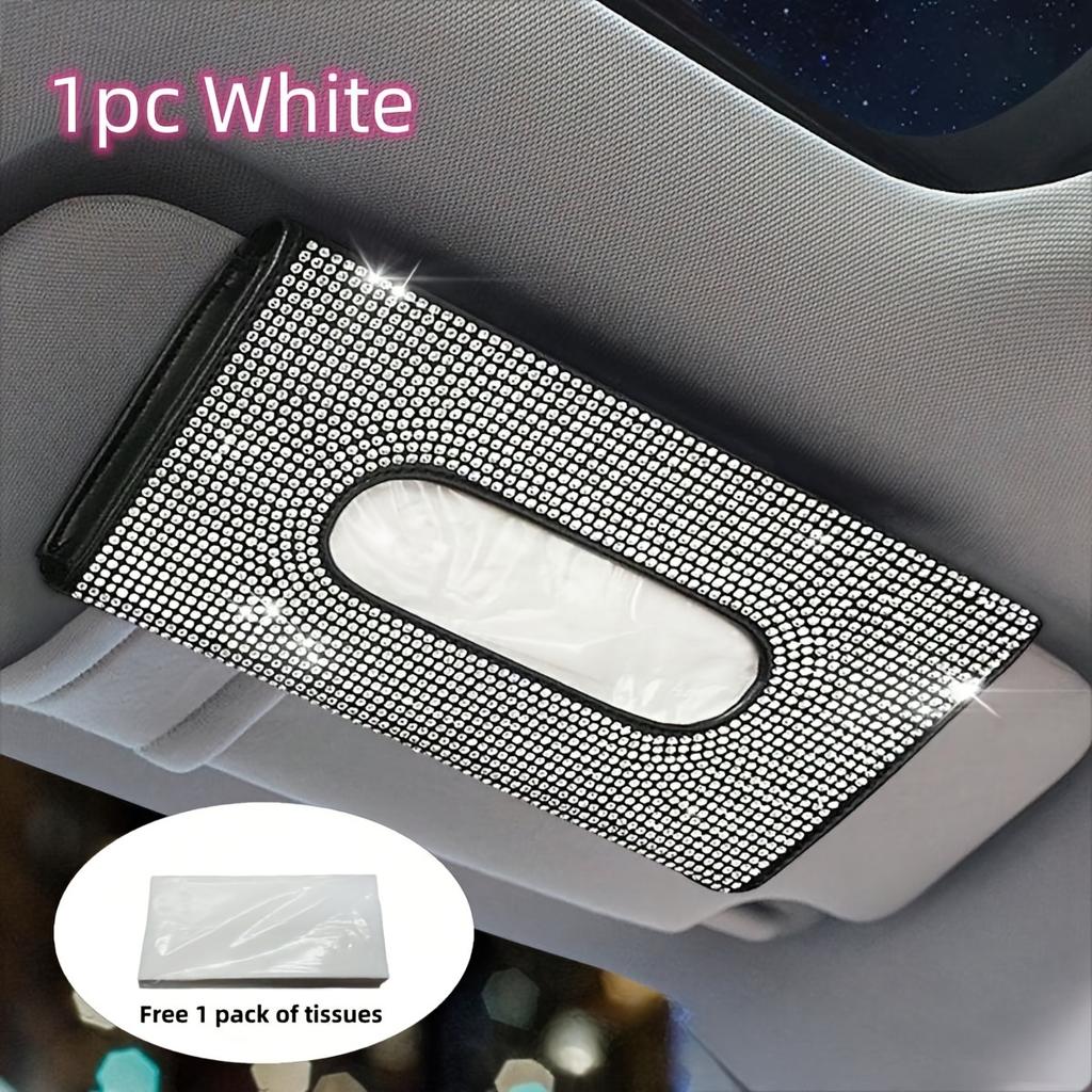 1pc Car Tissue Box, Car Sun Visor Tissue Storage Box, Glitter Rhinestone Tissue Bag, PU Leather Artificial Crystal Tissue Box