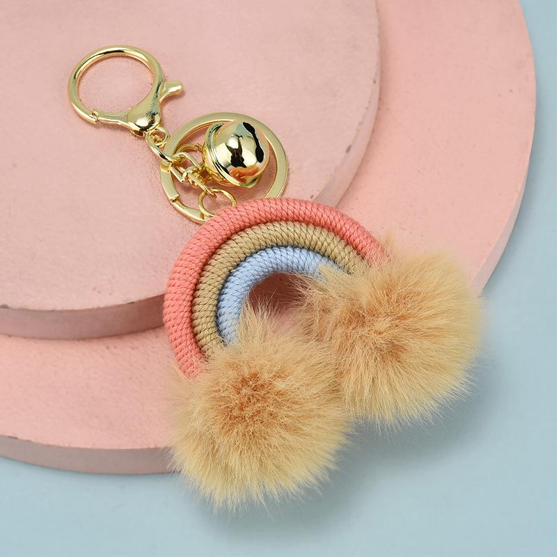 Bohemian Rainbow Fur Ball Keychain with Hand-Woven Cotton Rope and Faux Rabbit Fur Pendant
