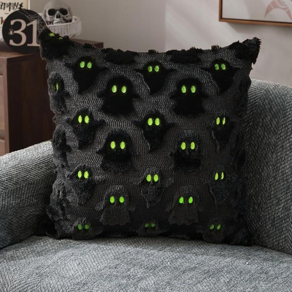 Square Fall Pillowcase Ghost with Pumpkin Cushion Covers Soft Plush Pillow Case  Halloween Decor