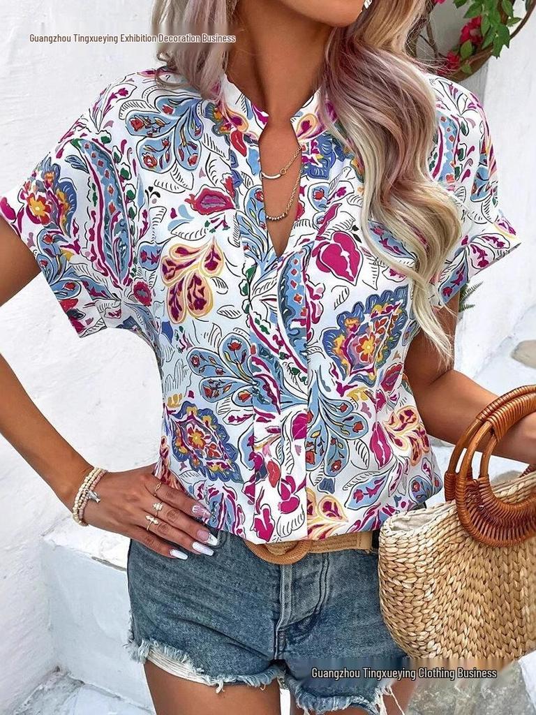 Women's Colorful Floral Print V-Neck Short-Sleeve Top - Summer Fashion