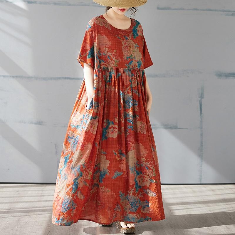 Krátký rukáv Plus size Bavlněné vintage květinové nové šaty pro ženy ležérní volné dlouhé letní šaty