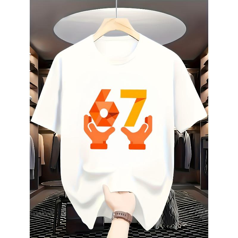 

Men s T-shirt, Round Neck Short Sleeve, Featuring Geometric Numbers 67 , with Two Palm Patterns Underneath, Overall Style Simple S белый