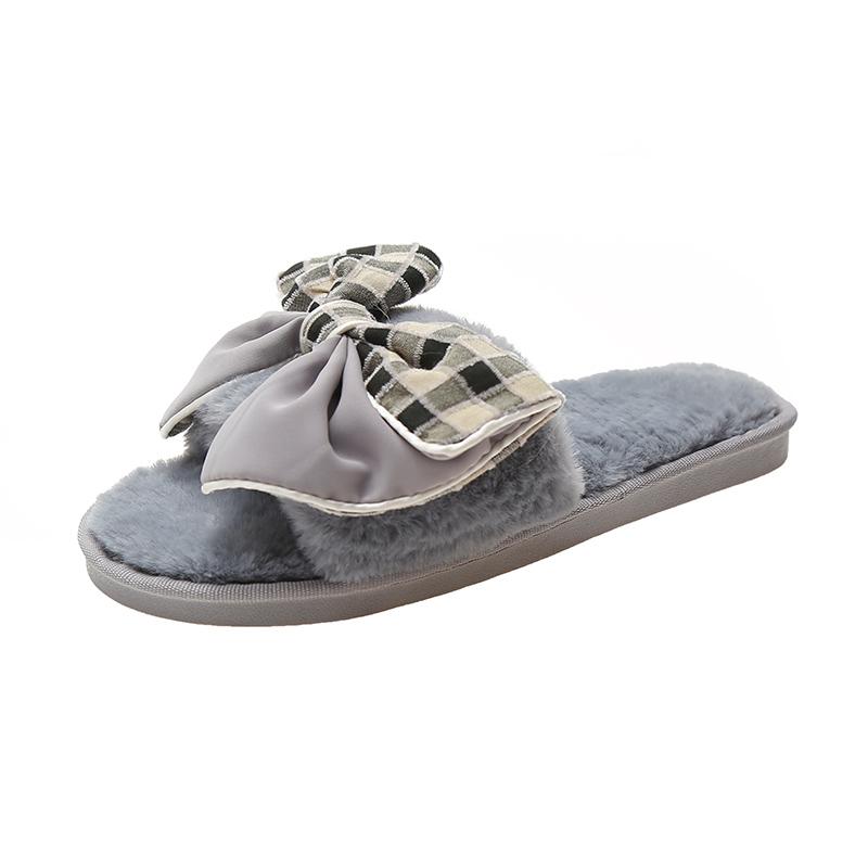 Fashion Casual Fluffy Slippers Women House Flats Fashion Winter Bowknot Designer Shoes Ladies Home Plush Platform Elegant Footwear 2025