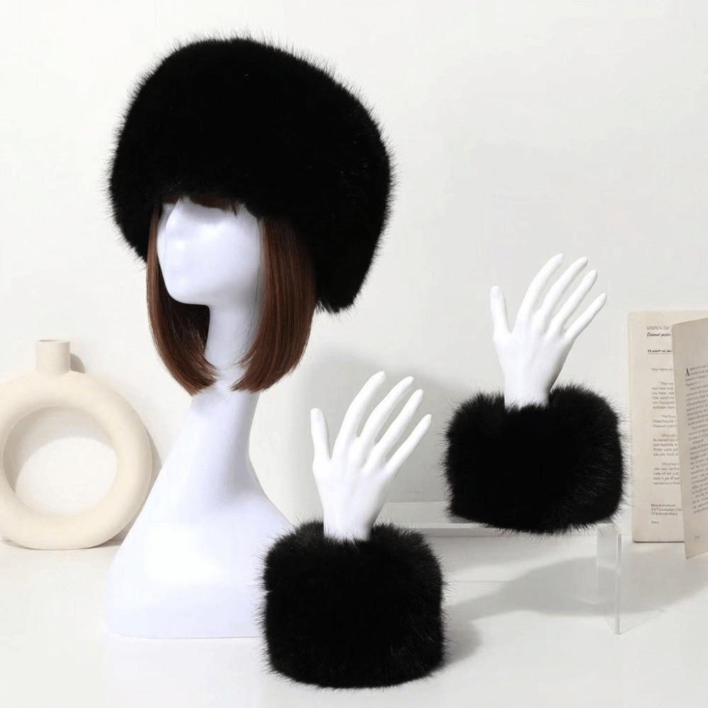 3Pcs/Set Elastic Wide Fur Cuffs Hat Soft Plush Headwraps Retro Warm Thick Hairband Outdoor Sports