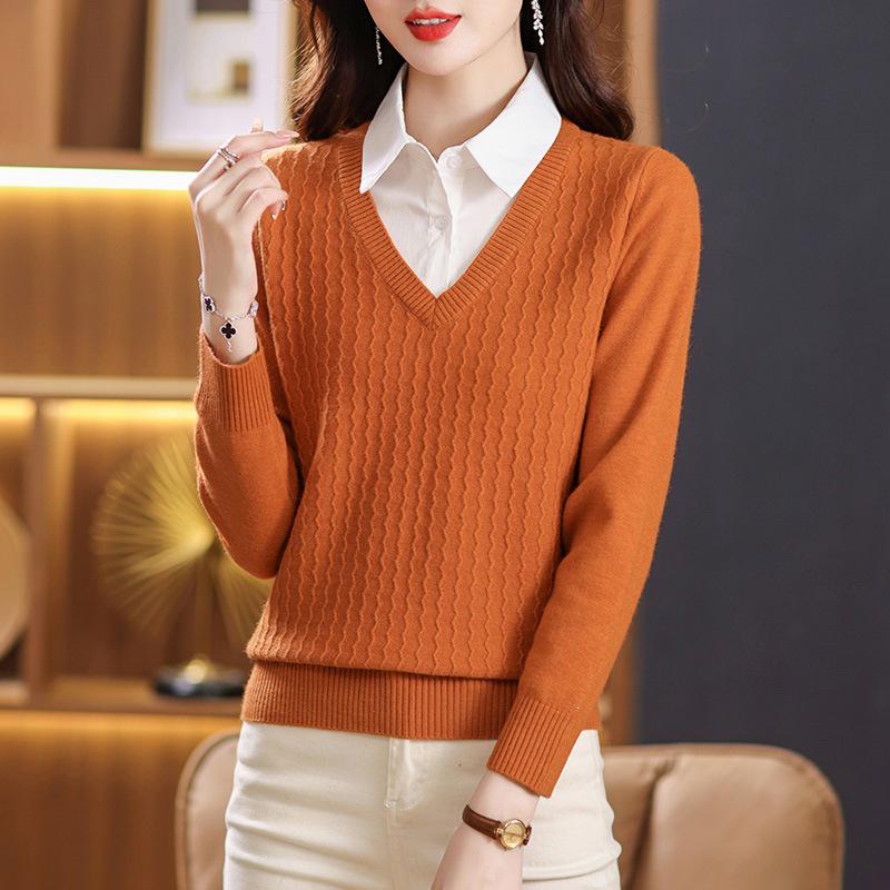 2025 Chic Two-Piece Knit Top with Shirt Collar - Fashionable Spring/Autumn Sweater for Women